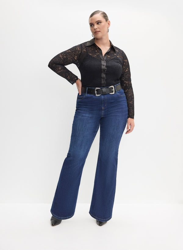 laura Lace Shirt & Pull-On Flare Leg Jeans