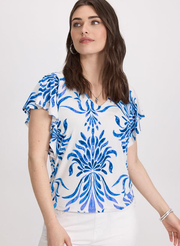 laura Leaf Print Flutter Sleeve Top