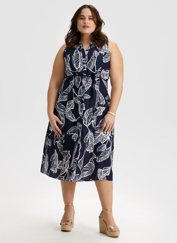 laura Leaf Print Linen Blend Dress