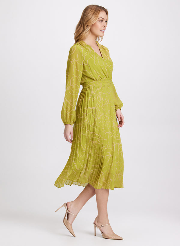 Laura Leaf Print Plissé Dress