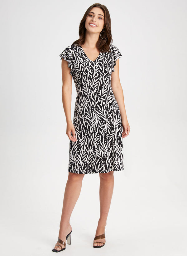 laura Leaf Print Ruffle Sleeve Dress