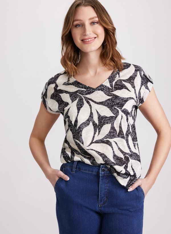 laura Leaf Print Studded T-Shirt