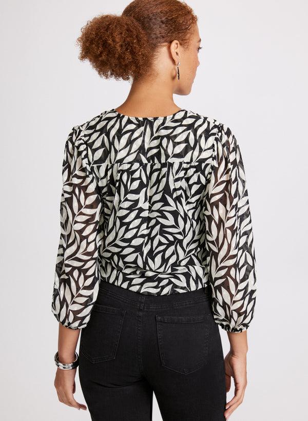 Laura Leaf Print Tie-Front Blouse