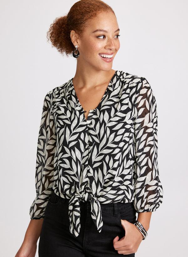 laura Leaf Print Tie-Front Blouse