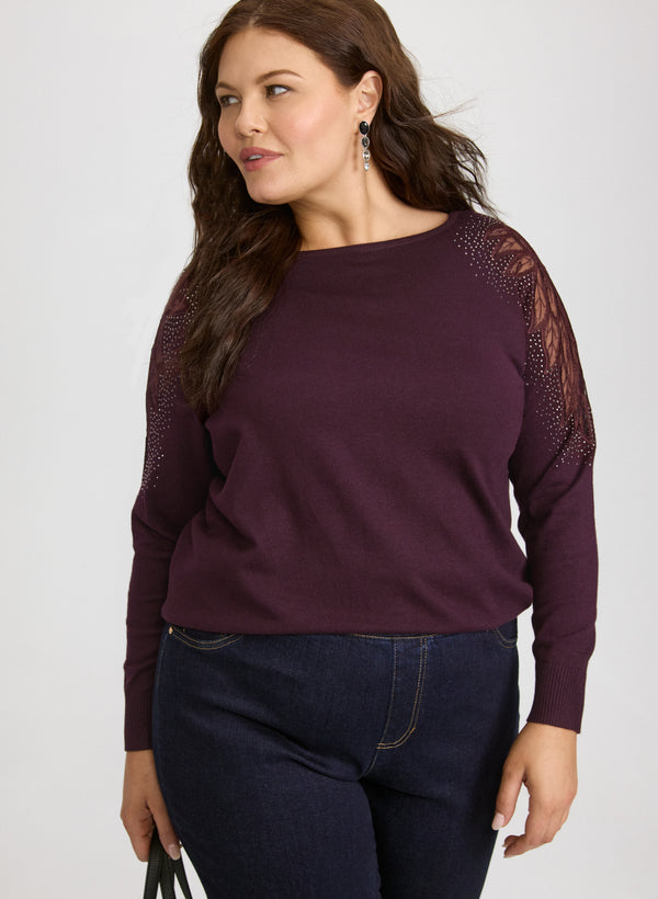 laura Mesh & Rhinestone Sleeve Sweater