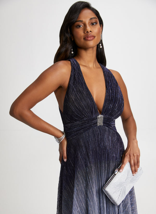 Laura Metallic Crinkle V-Neck Gown
