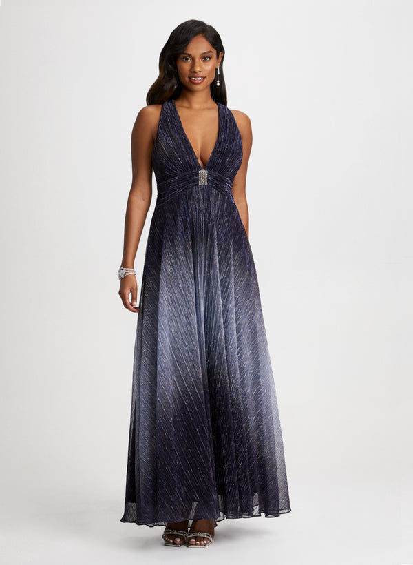 laura Metallic Crinkle V-Neck Gown