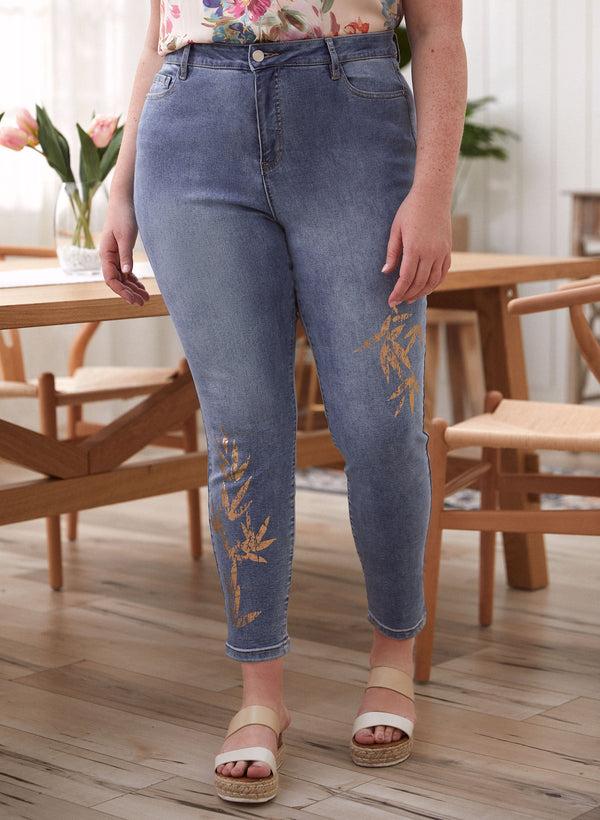 laura Metallic Leaf Print Ankle Jeans