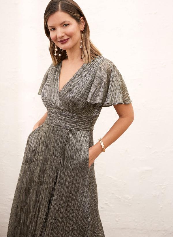Laura Metallic Short Sleeve Crinkle Dress