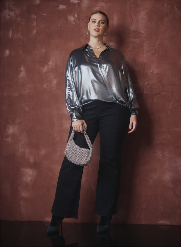 laura Metallic Wrap-Style Blouse