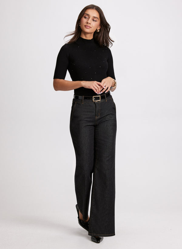 Laura Mock Neck Rhinestone Detail Sweater