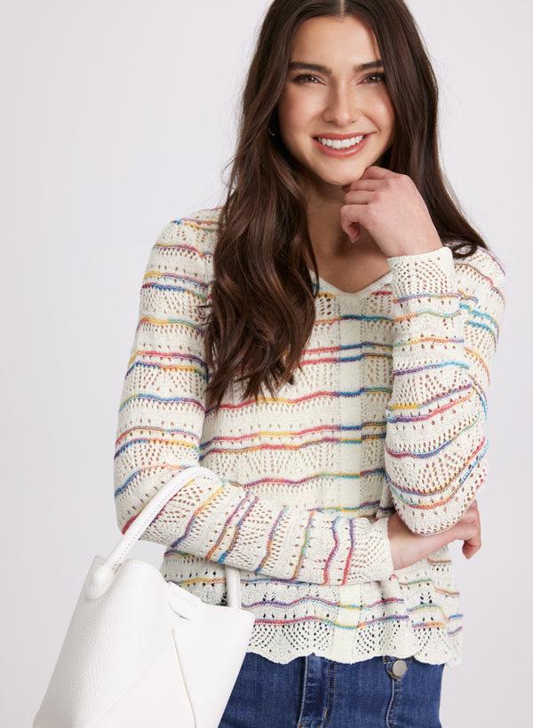 laura Multi-Striped Pointelle Knit Sweater