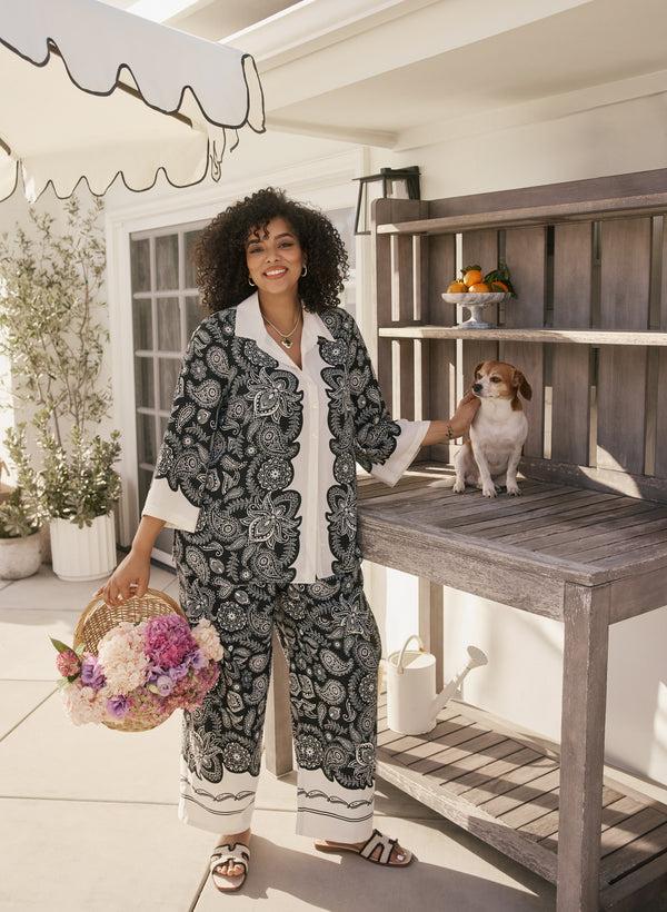 Laura Olivia Contrast Paisley Wide-Leg Pants