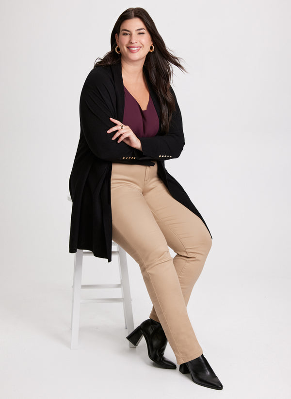 laura Open-Front Cardigan & Coated Jeans