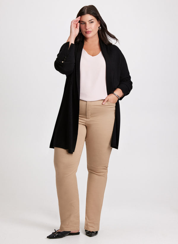 laura Open-Front Cardigan & Coated Jeans