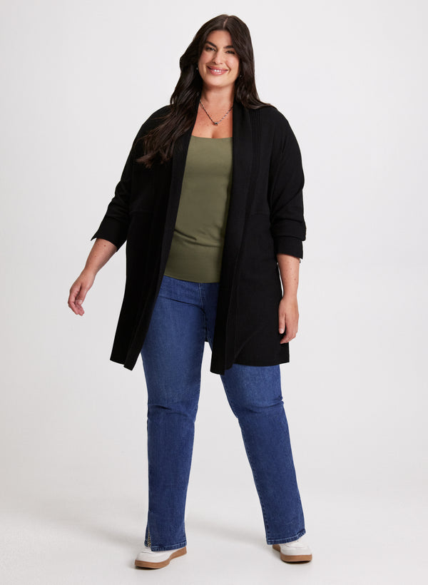 laura Open-Front Cardigan & Slit Hem Pull-On Jeans