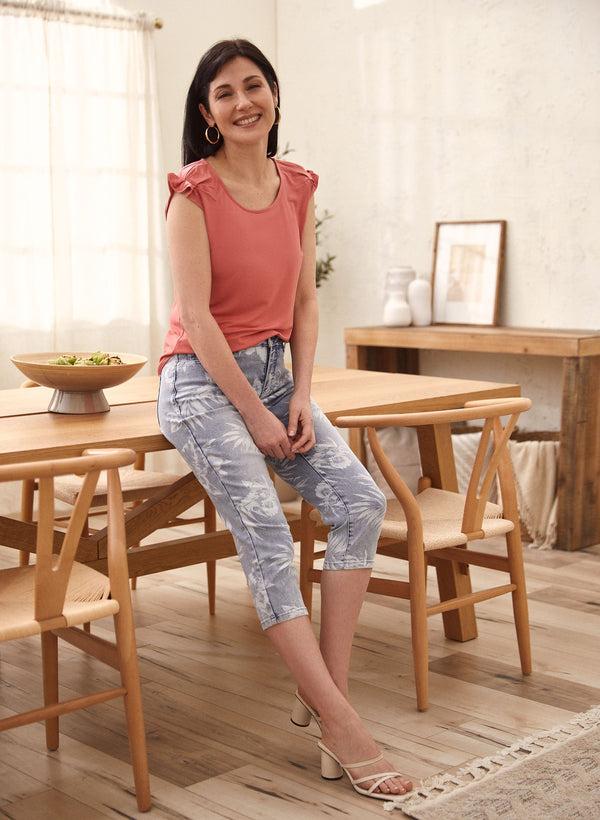 Laura Palm Leaf Print Denim Capris