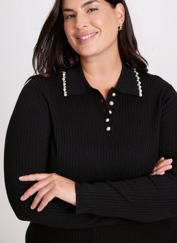 Laura Pearl Trim Polo Sweater