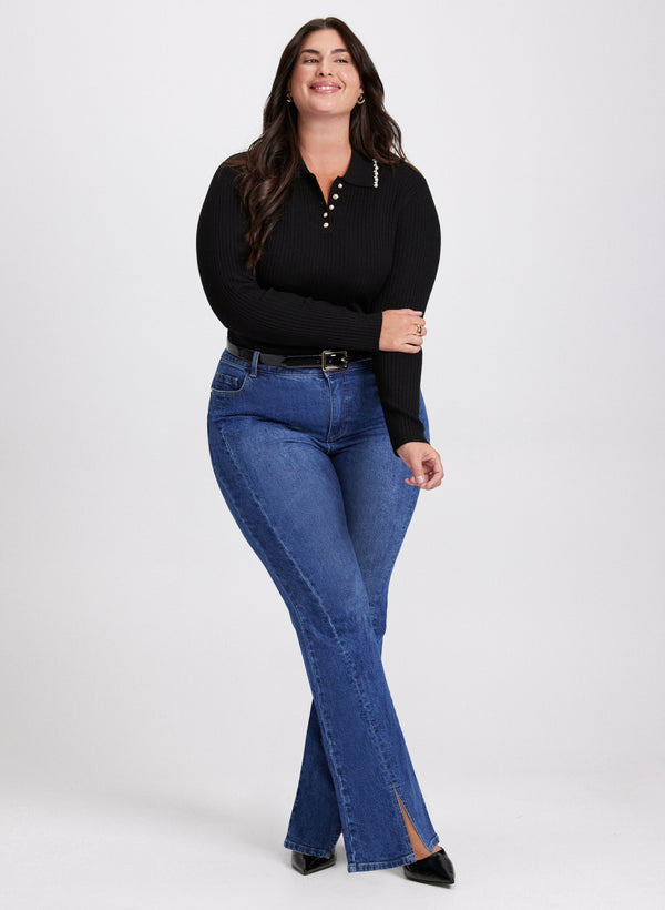 laura Pearl Trim Polo Sweater & Flared Leg Jeans