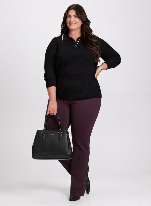 laura Pearl Trim Polo Sweater & Straight Leg Jeans