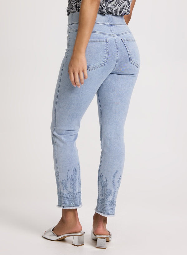 Laura Pull-On Embroidered Hem Jeans