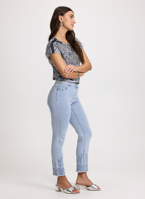 Laura Pull-On Embroidered Hem Jeans
