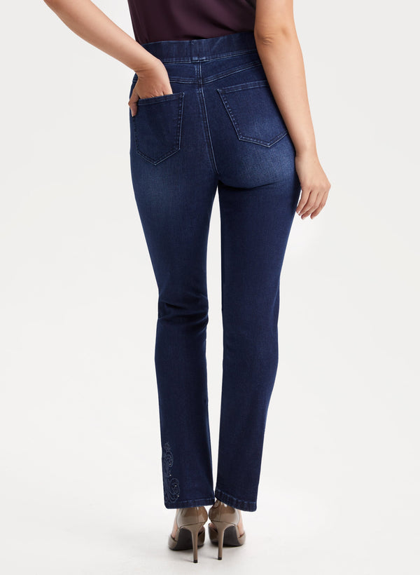 Laura Pull-On Embroidered Hem Jeans