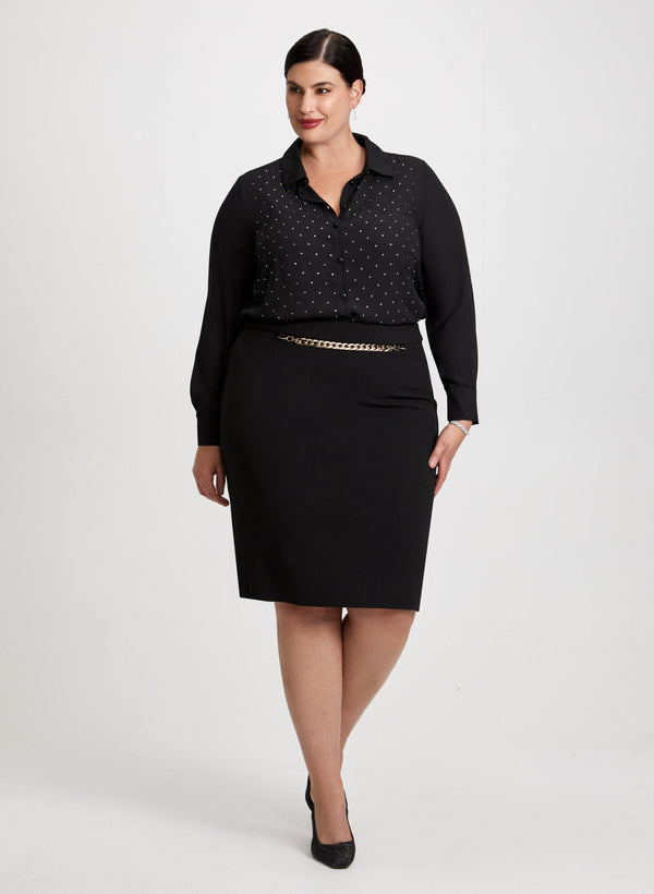 laura Rhinestone Detail Shirt & Pencil Skirt