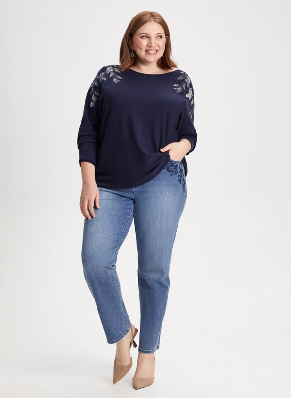 laura Rhinestone Leaf Sweater & Embroidered Jeans