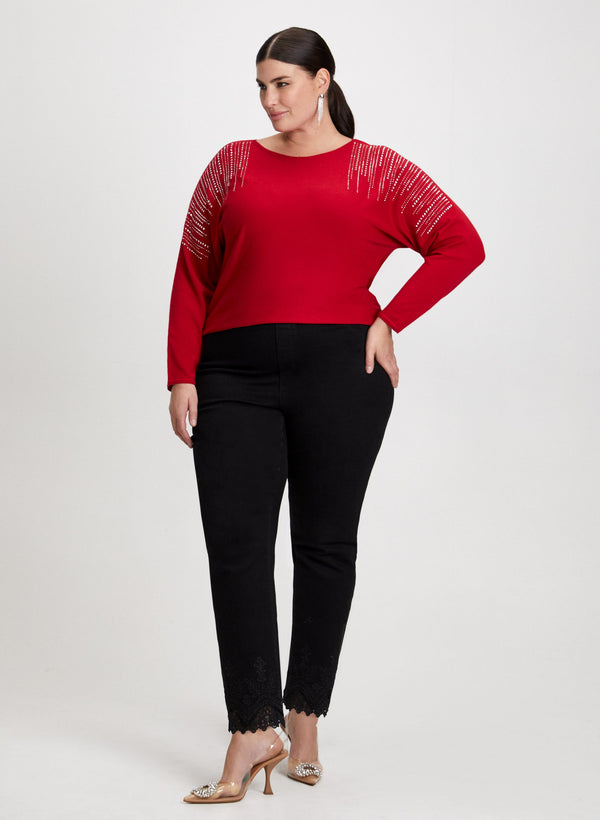 laura Rhinestone Motif Sweater & Lace Hem Pants