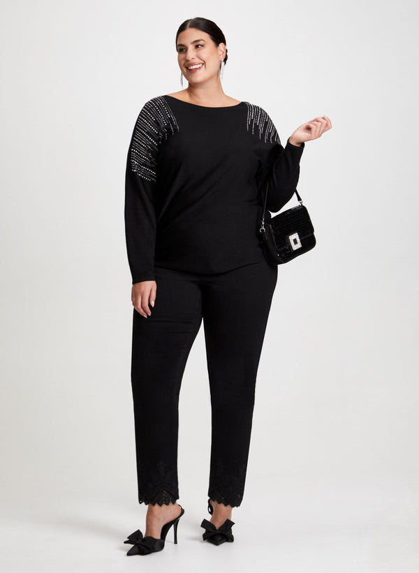 laura Rhinestone Motif Sweater & Lace Hem Pants