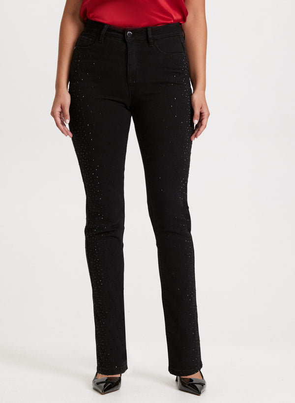 laura Rhinestone Trim Straight-Leg Jeans