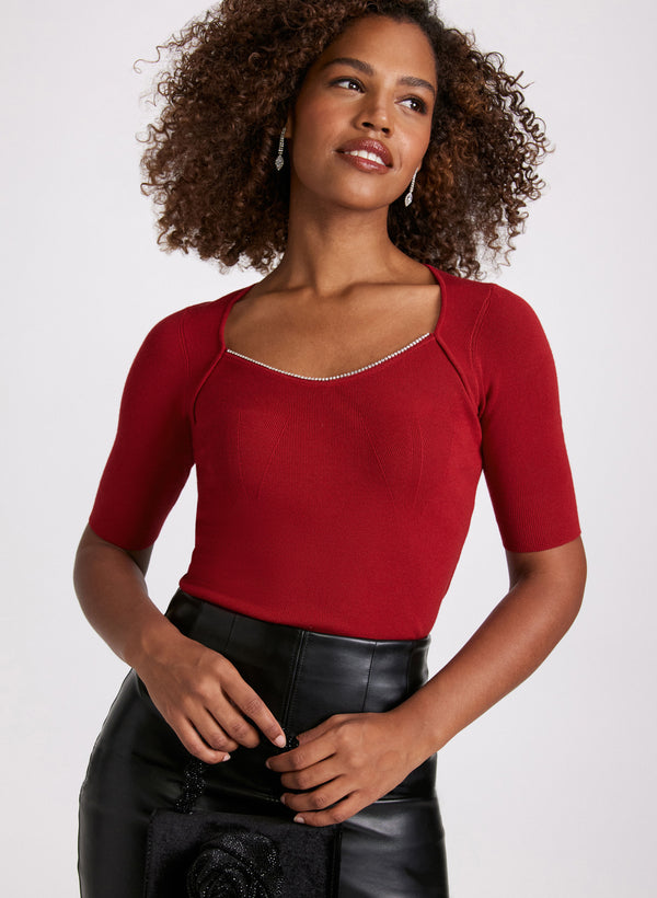 laura Rhinestone Trim Sweetheart Neck Sweater