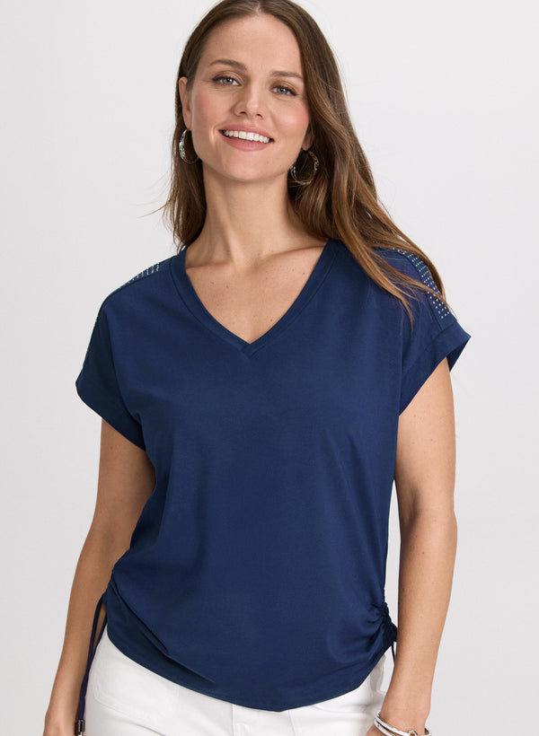 laura Ruched Rhinestone Detail T-Shirt