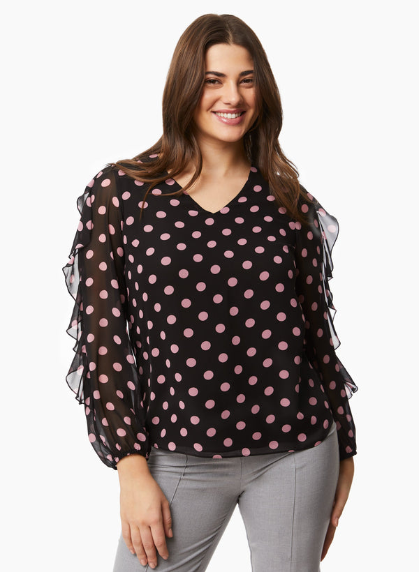 laura Ruffle Sleeve Polka Dot Blouse