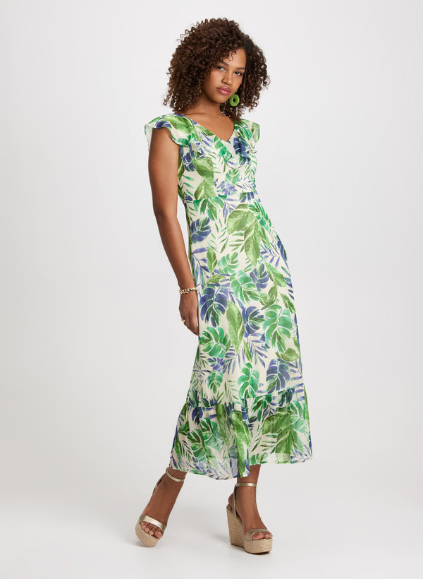 laura Ruffled Leaf Print Maxi Dress