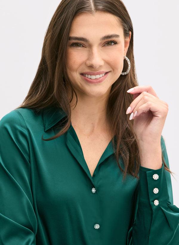 Laura Satin Rhinestone Button Blouse
