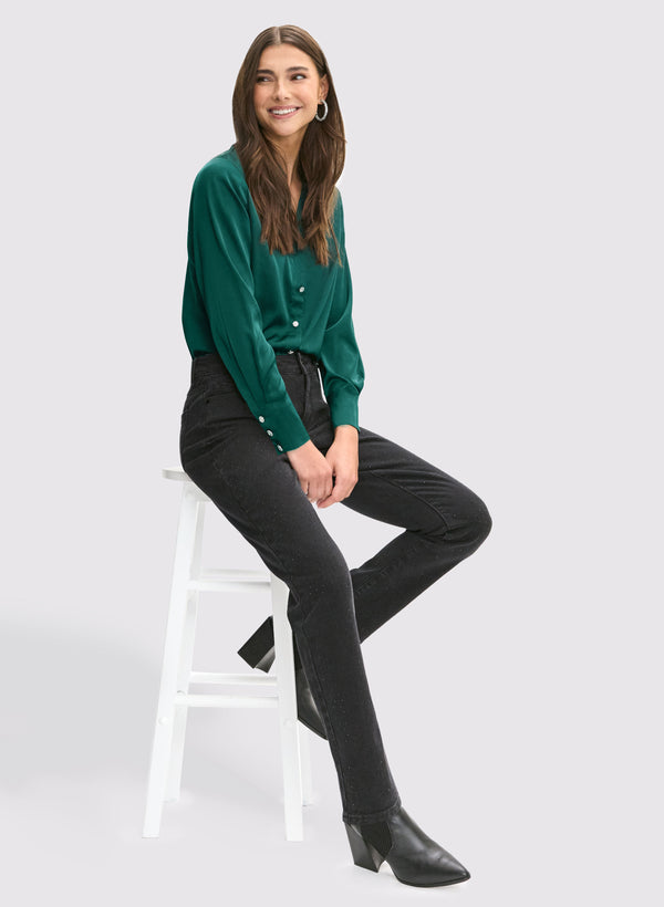 Laura Satin Rhinestone Button Blouse