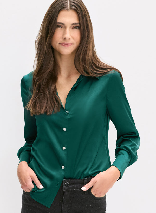 laura Satin Rhinestone Button Blouse