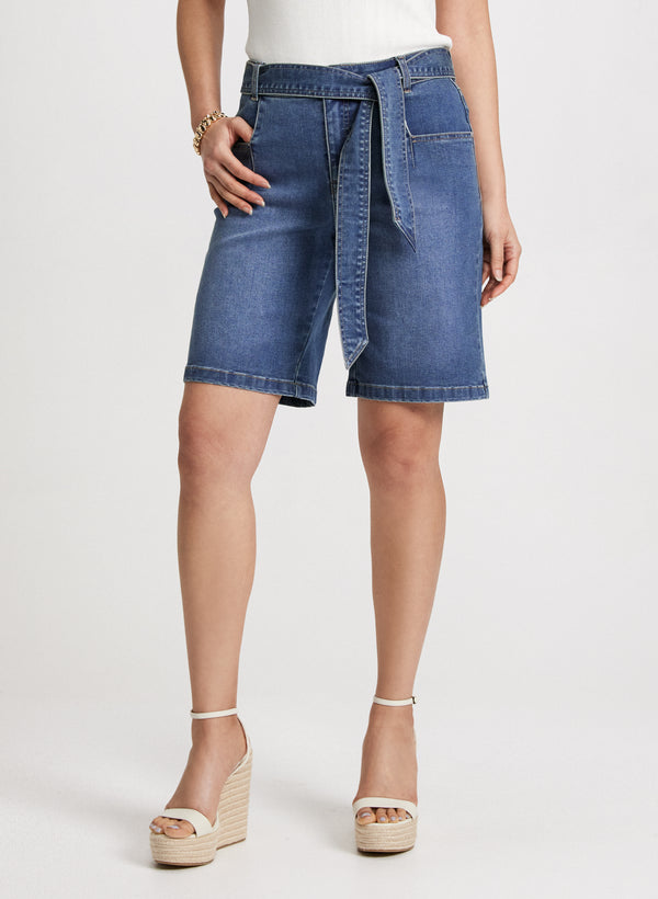 laura Self-Tie Belted Denim Shorts
