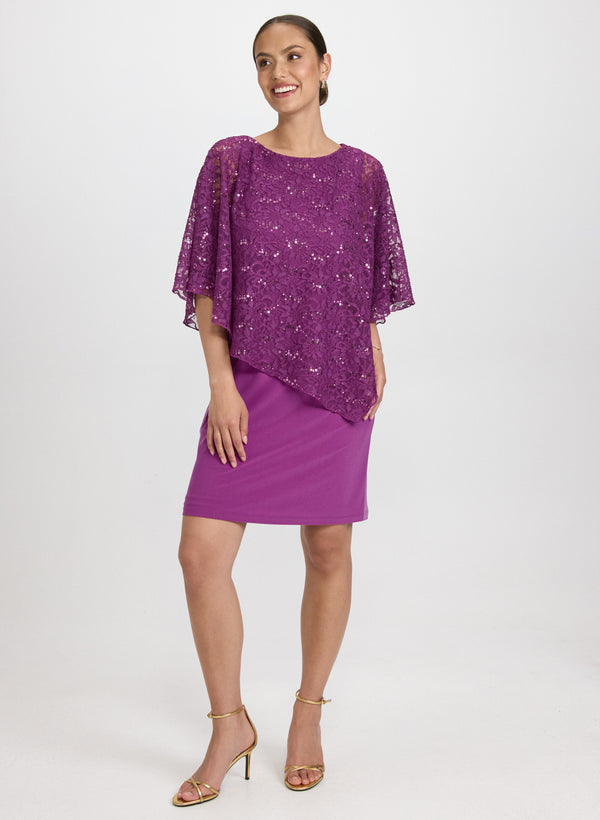 laura Sequined Lace Capelet Dress