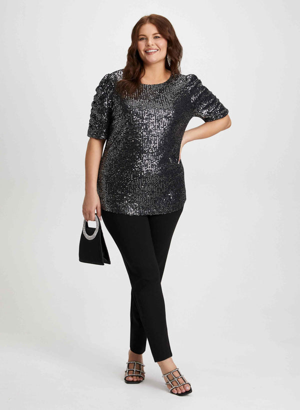 laura Shirred Sleeve Sequin Top & Bow Detail Pants