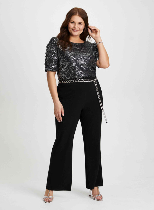 laura Shirred Sleeve Sequin Top & Flare Pants