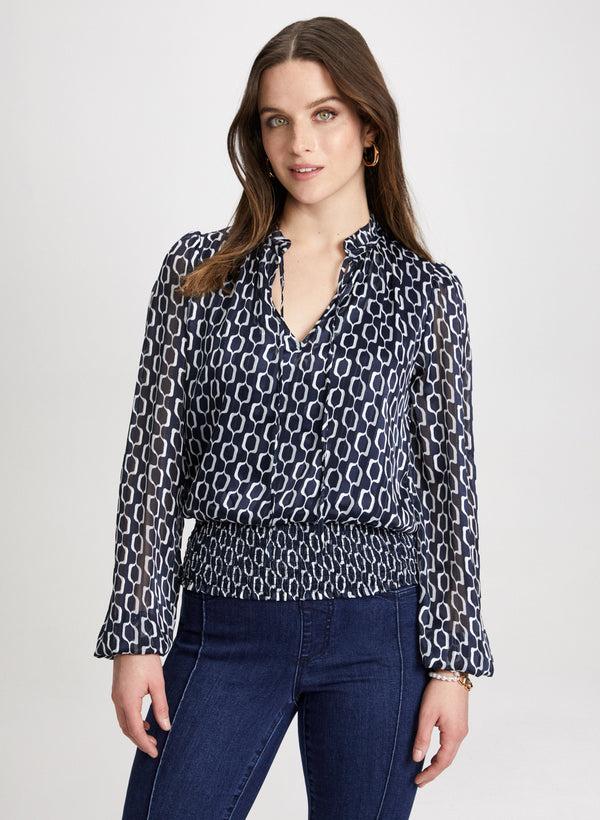 laura Smocked Waist Geometric Print Blouse