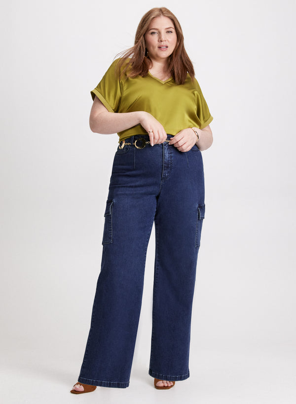 laura V-neck Satin Blouse & Cargo Jeans