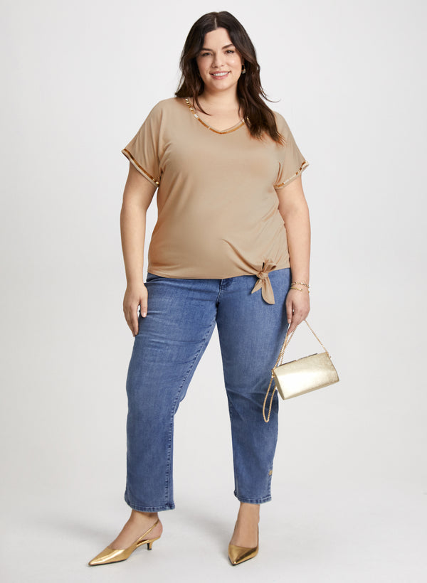 Laura V-Neck Tee With Beaded Trim