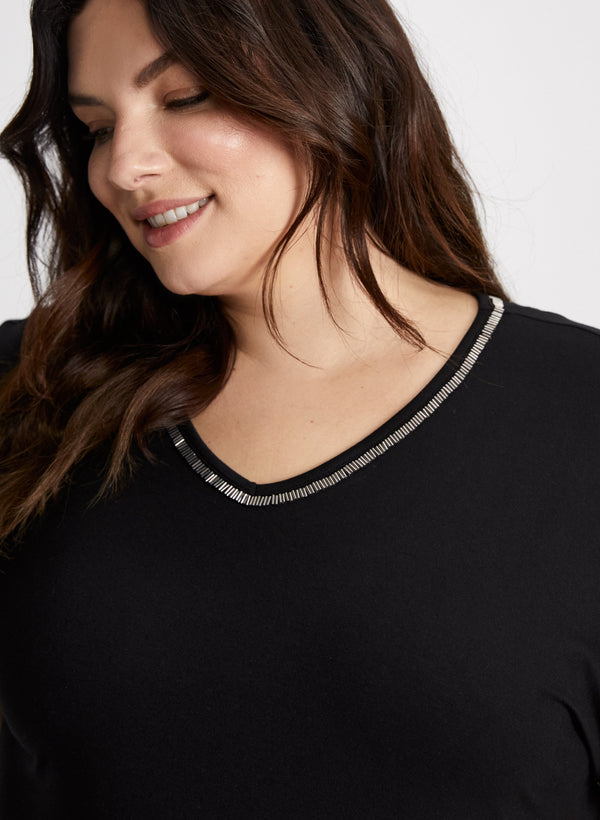 Laura V-Neck Tee With Beaded Trim