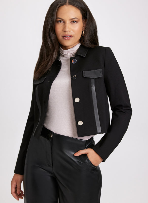 laura Vegan Leather Detail Cropped Jacket