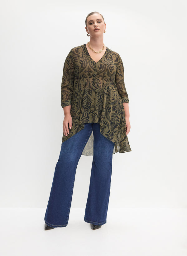 laura Leaf Print Button-Up Blouse & Pull-On Flare Leg Jeans