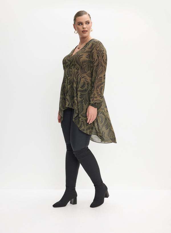 laura Leaf Print Button-Up Blouse & Vegan Leather Leggings